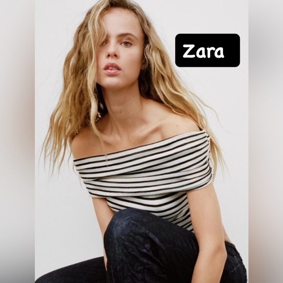NWT Zara Stripe RUCHED OFF-THE-SHOULDER TOP. Size Medium - Picture 1 of 6
